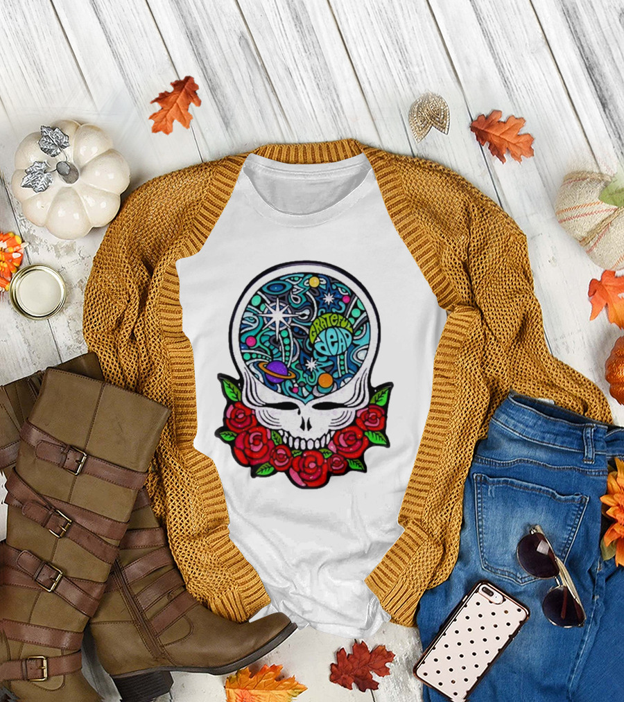 Grateful Dead Skull with Cosmic Rose Design by Danny Steinman T-Shirt