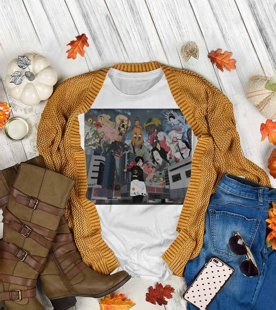 Kemuri Ikumi X Nass Anime Yokai-Inspired Urban Chaos Scene T-Shirt