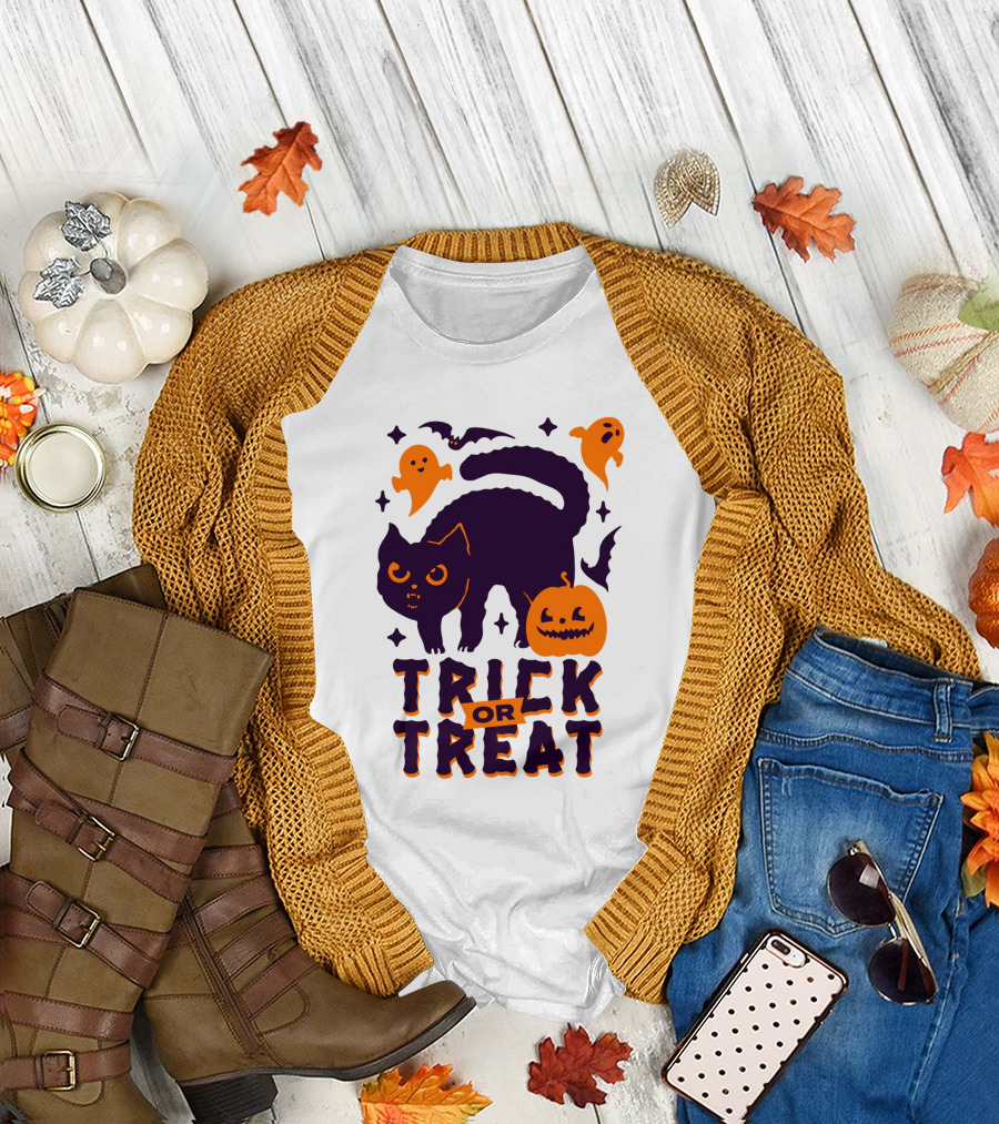 Trick or Treat Halloween Cats Pumpkins Ghosts and Bats T-Shirt