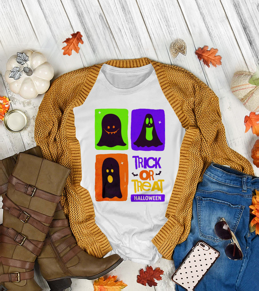 Halloween Trick Or Treat Ghosts in Colorful Boxes T-Shirt