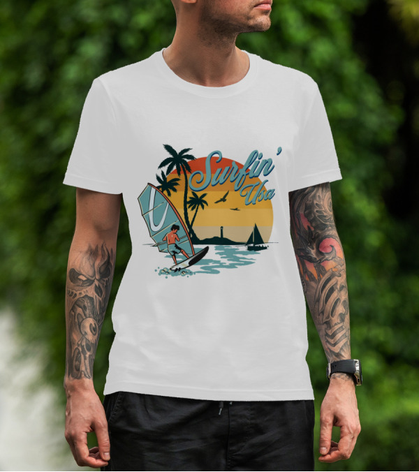 Surfin' Usa Retro Sunset Windsurfer Palm Trees Ocean Scene T-Shirt