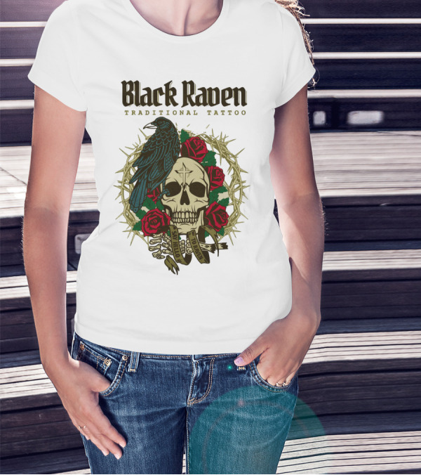 Black Raven Traditional Tattoo Skull Roses Thorns T-Shirt