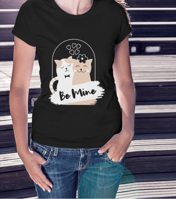 Be Mine Cute Cat Couple With Hearts And Bow Tie T-Shirt