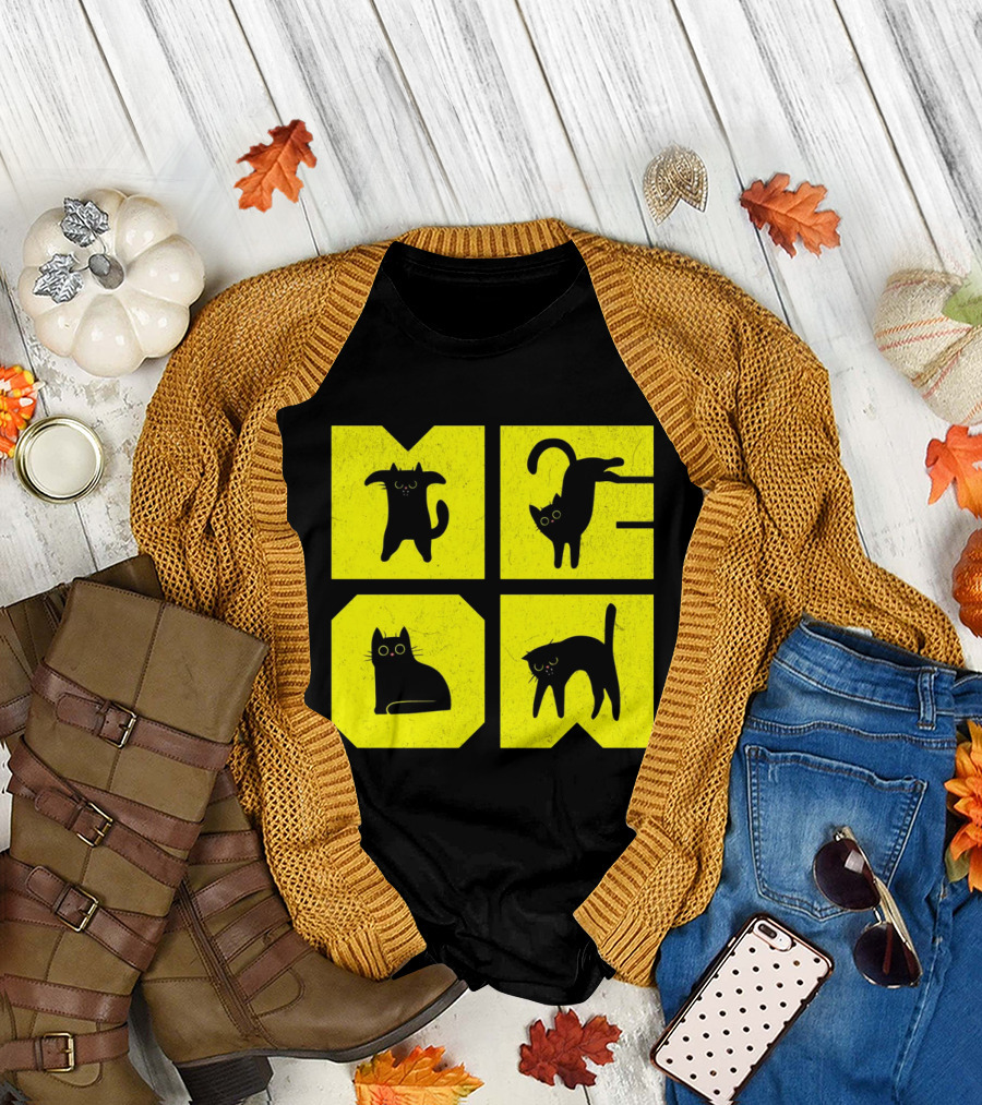 MEOW Cute Black Cats on Yellow Blocks T-Shirt