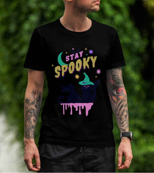 Stay Spooky Halloween Cats Moon Witch Hat Dripping Stars T-Shirt