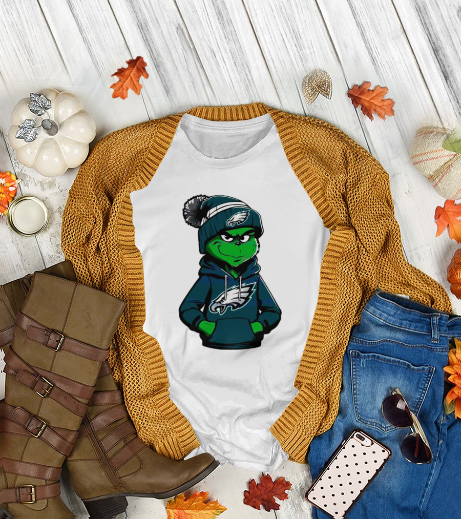 Grinch Dressed in Philadelphia Eagles Hoodie and Hat T-Shirt
