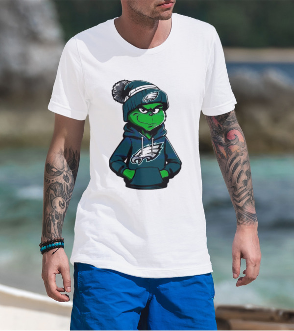 Grinch Dressed In Philadelphia Eagles Hoodie And Hat T-Shirt