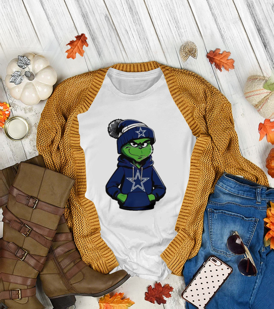 Grinch in Dallas Cowboys Hoodie and Beanie with Star T-Shirt