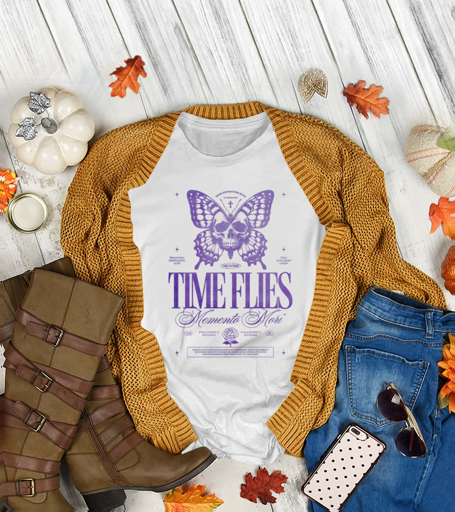 TIME FLIES Memento Mori Butterfly Skull T-Shirt