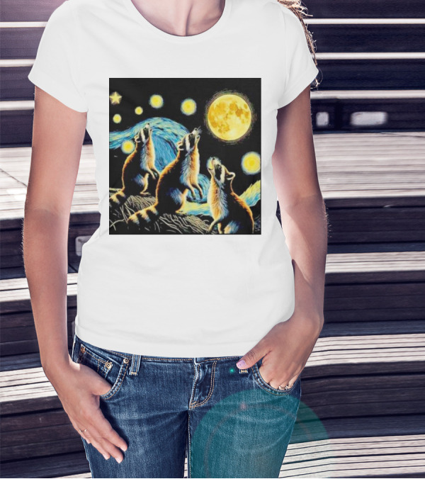 Raccoons Howling At Full Moon Starry Night Trash Pandas T-Shirt