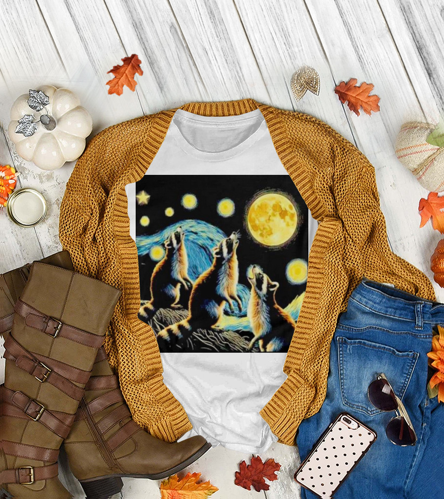 Raccoons Howling at Full Moon Starry Night Trash Pandas T-Shirt