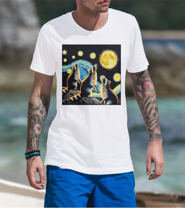 Raccoons Howling At Full Moon Starry Night Trash Pandas T-Shirt