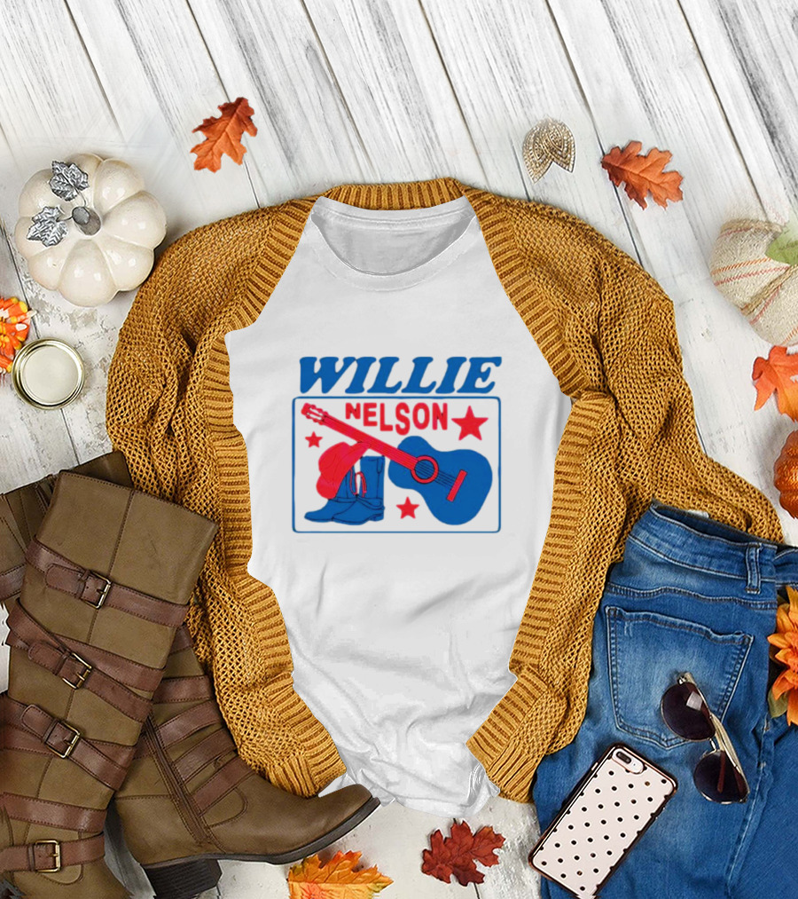 WILLIE NELSON Guitar Cowboy Boots Hat Stars T-Shirt