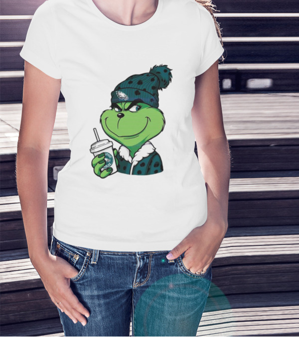Grinch Holding Cup Wearing Philadelphia Eagles Beanie T-Shirt