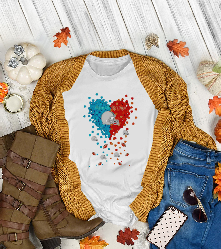 Miami Dolphins Aqua and Orange Heart with Football Helmets and Hearts T-Shirt