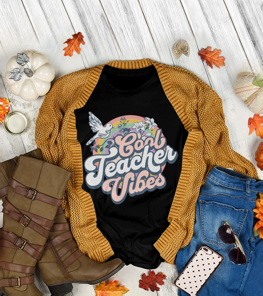 Cool Teacher Vibes Retro Rainbow Floral Design with Dove T-Shirt