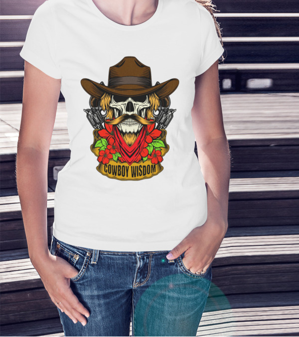 Cowboy Wisdom Skull Western Skeleton Bandana Pistols Flowers T-Shirt