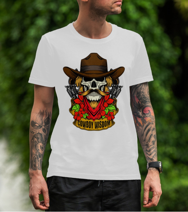 Cowboy Wisdom Skull Western Skeleton Bandana Pistols Flowers T-Shirt