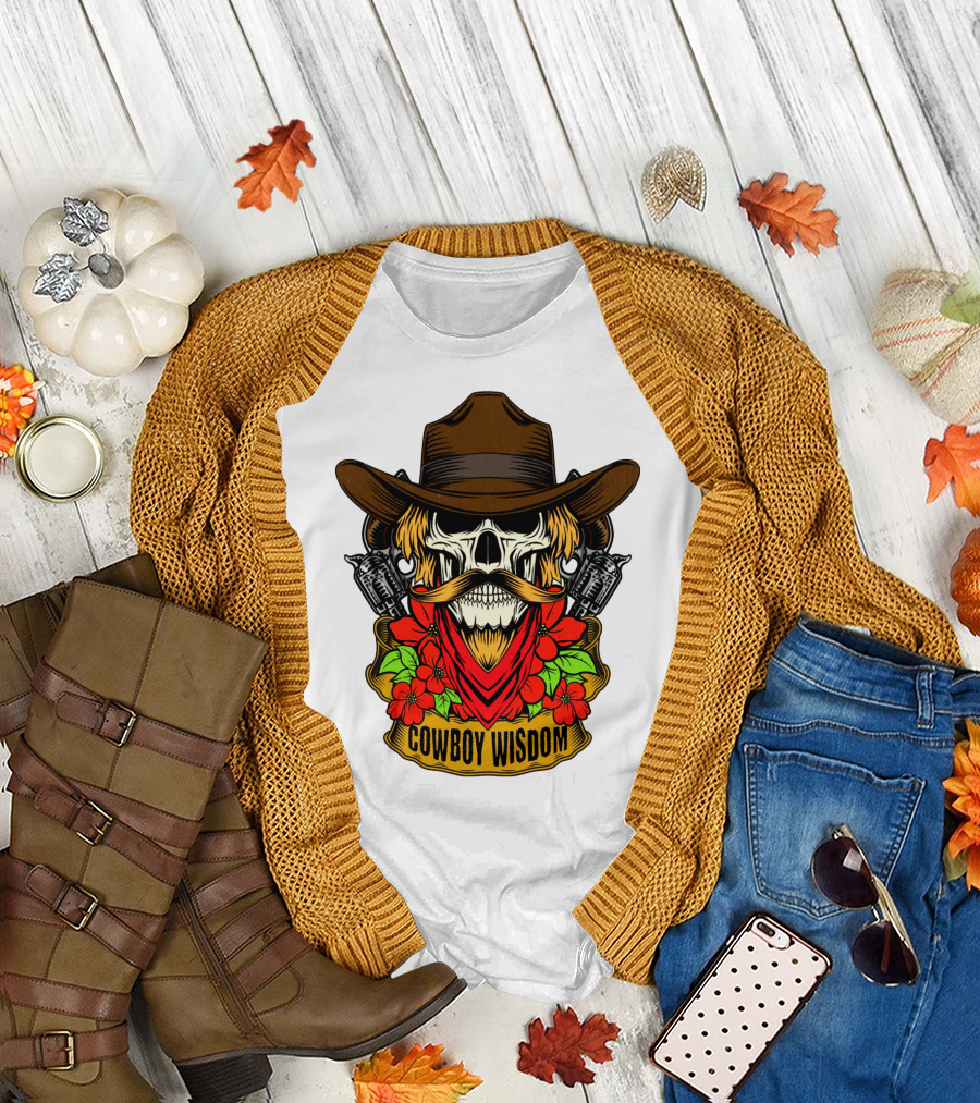 Cowboy Wisdom Skull Western Skeleton Bandana Pistols Flowers T-Shirt