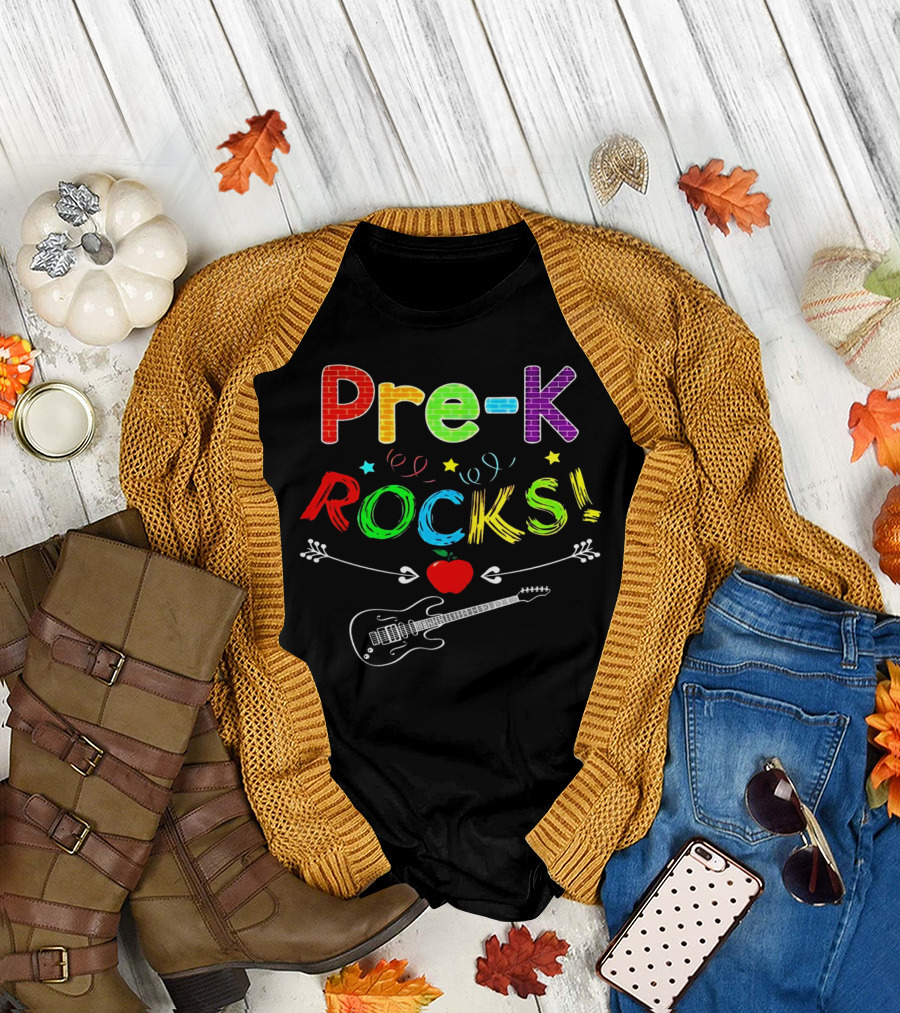 Pre-K Rocks Funny Kids Teachers Back to School with Guitar and Apple T-Shirt