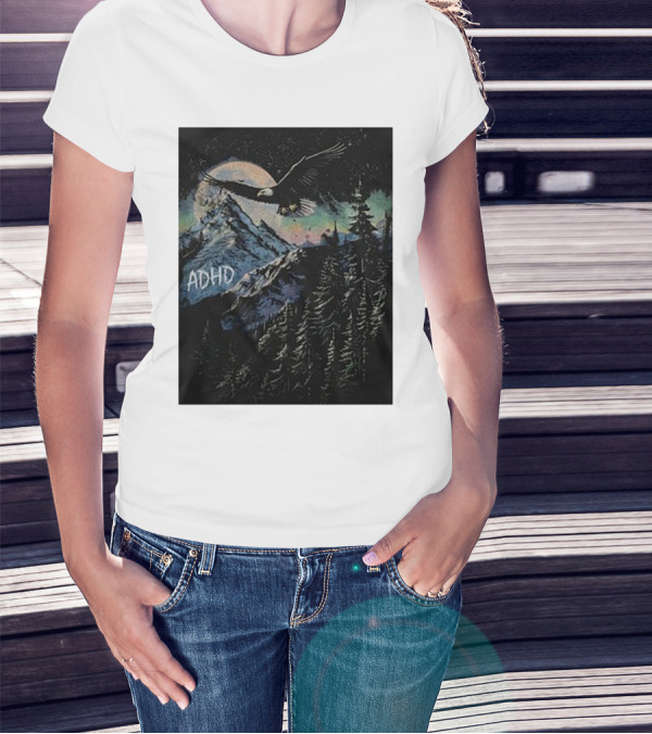 ADHD Eagle Soars Over Mountain Peaks In Glowing Night Sky T-Shirt