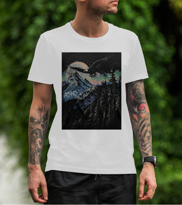 ADHD Eagle Soars Over Mountain Peaks In Glowing Night Sky T-Shirt