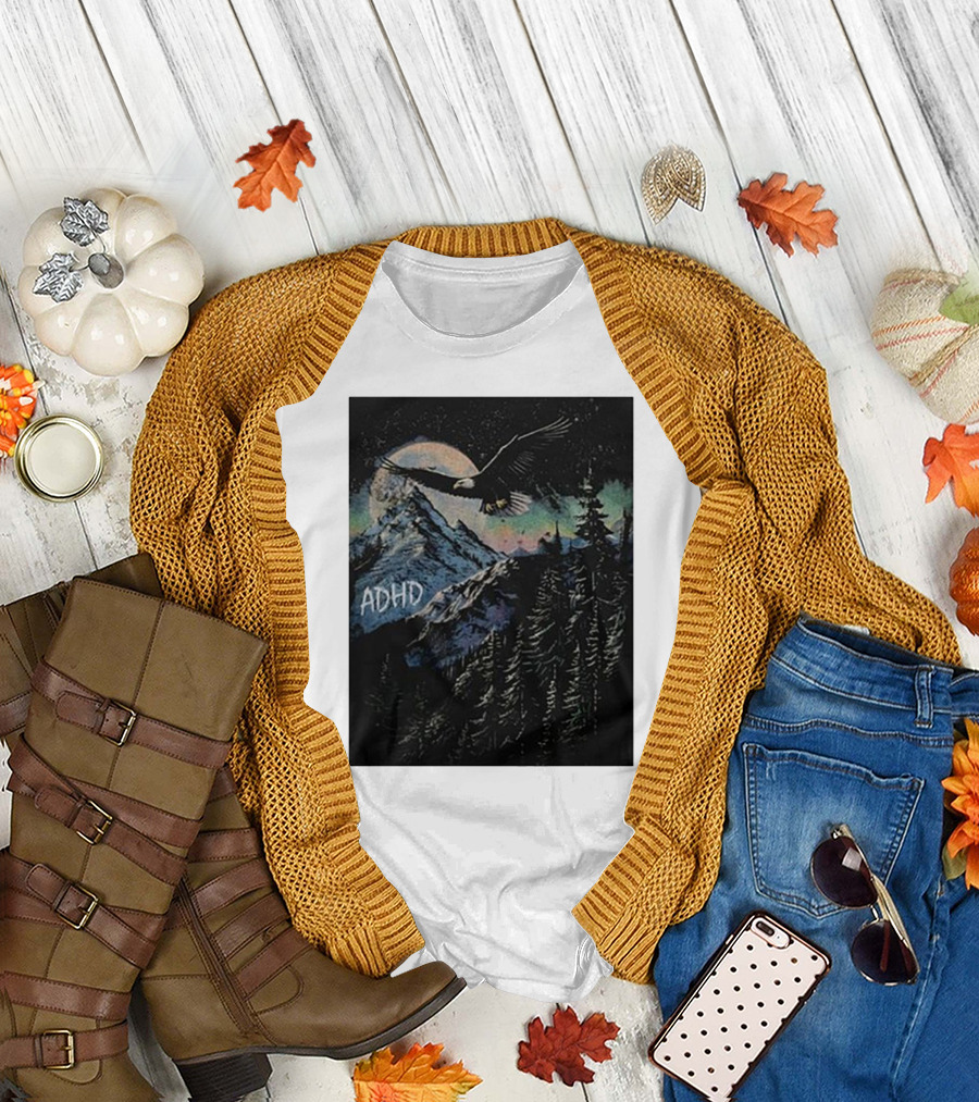 ADHD Eagle Soars Over Mountain Peaks in Glowing Night Sky T-Shirt