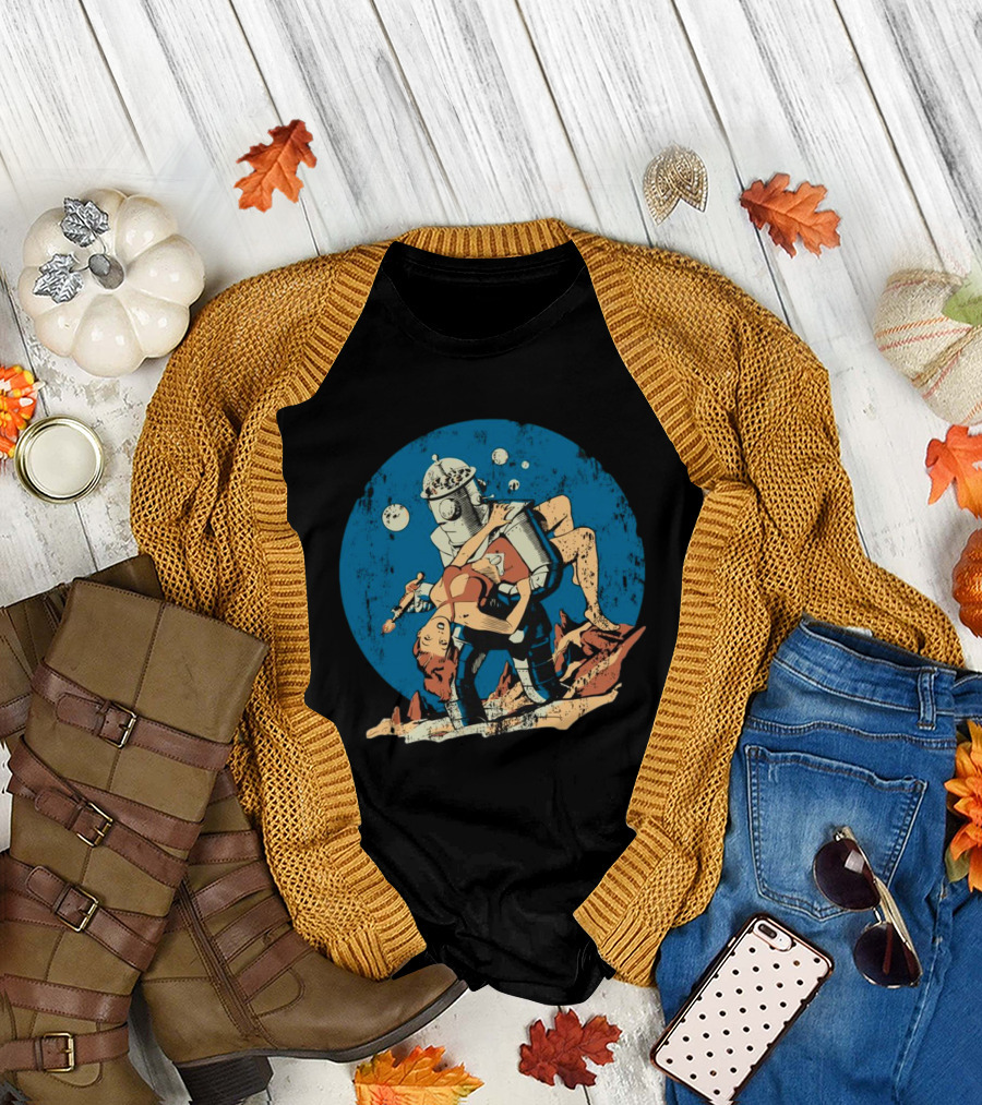 Damselindistress Retro Robot Romance Vintage Sci-Fi Space Adventure T-Shirt