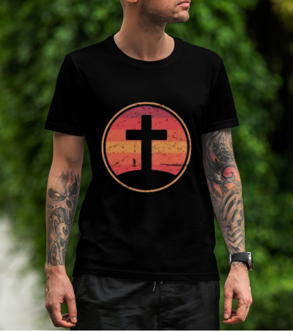 Retro Christian Cross Vintage Sunset On Champion T-Shirt