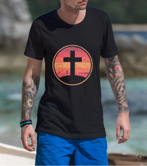 Retro Christian Cross Vintage Sunset On Champion T-Shirt