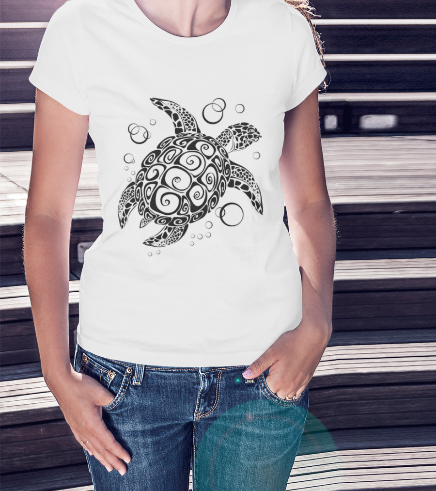 Sea Turtle Tribal Pattern With Bubbles T-Shirt