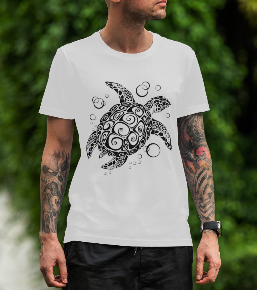 Sea Turtle Tribal Pattern With Bubbles T-Shirt
