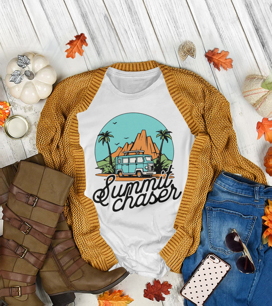 Summit Chaser Adventure Van with Mountains and Palm Trees T-Shirt