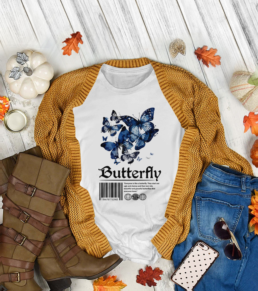Butterfly Minimal Elegant Blue Watercolor Theme with Graceful Quote and Barcode T-Shirt