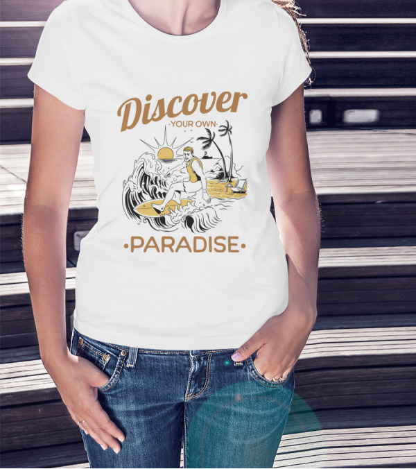 Discover Your Own Paradise Surfer Sunset Scene T-Shirt
