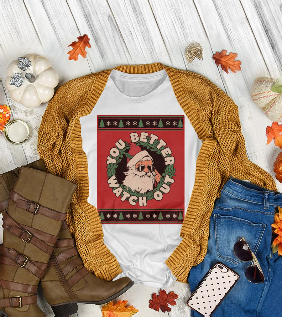 You Better Watch Out Santa Cool Christmas Wreath T-Shirt