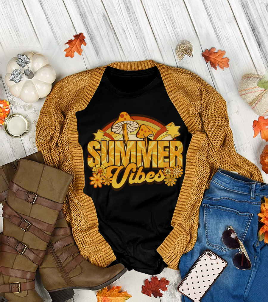 Groovy Summer Vibes with Mushroom and Flower Rainbow T-Shirt