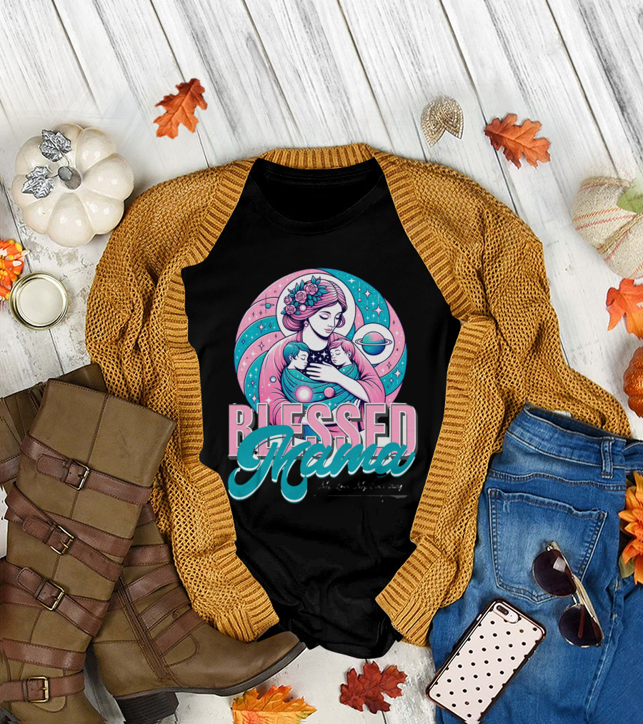Blessed Mama Cosmic Mother with Children and Floral Halo T-Shirt