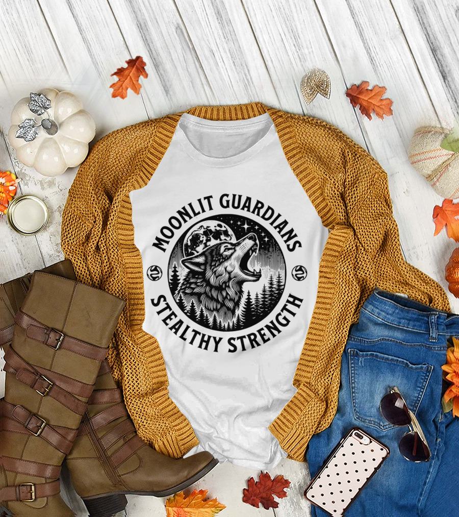 Moonlit Guardians Stealthy Strength Wolf Under Moon and Stars T-Shirt