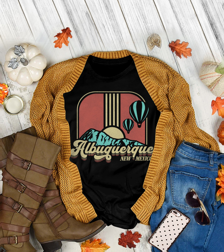 Albuquerque New Mexico Hot Air Balloon Retro Vintage Mountains Sunburst T-Shirt
