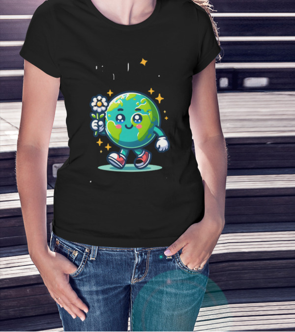 Be Kind To Our Planet And To Others Cute Earth Character With Flower And Stars T-Shirt