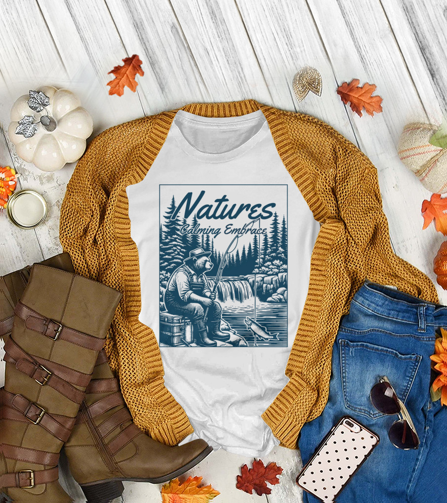 Natures Calming Embrace Bear Fishing by Waterfall T-Shirt