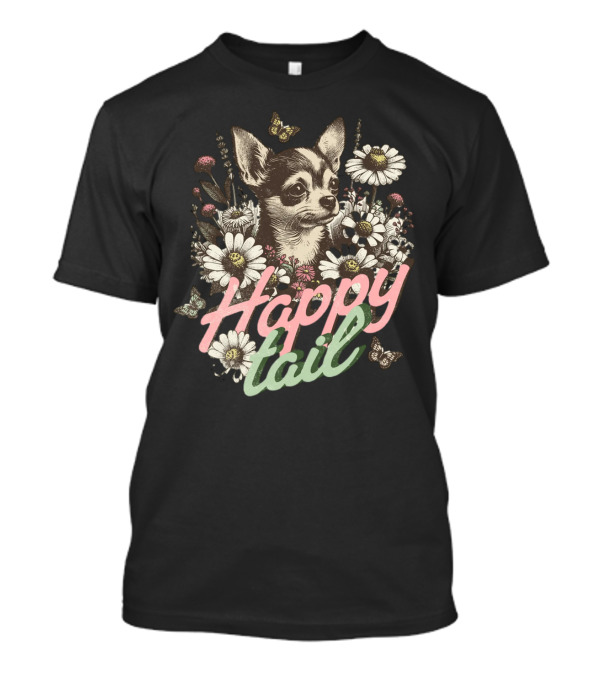 Chihuahua Dog Among Flowers Vintage Happy Tail Butterfly Daisies T-Shirt