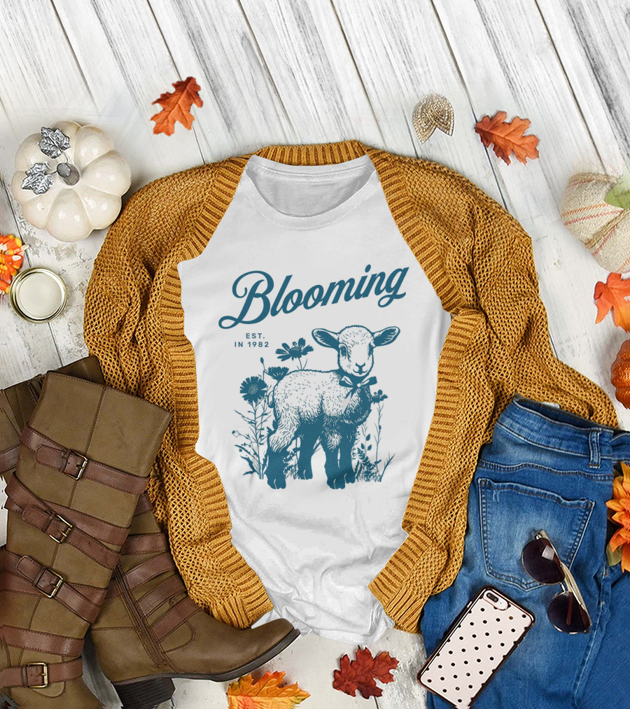 Blooming Vintage Style Est. In 1982 Lamb and Flowers T-Shirt