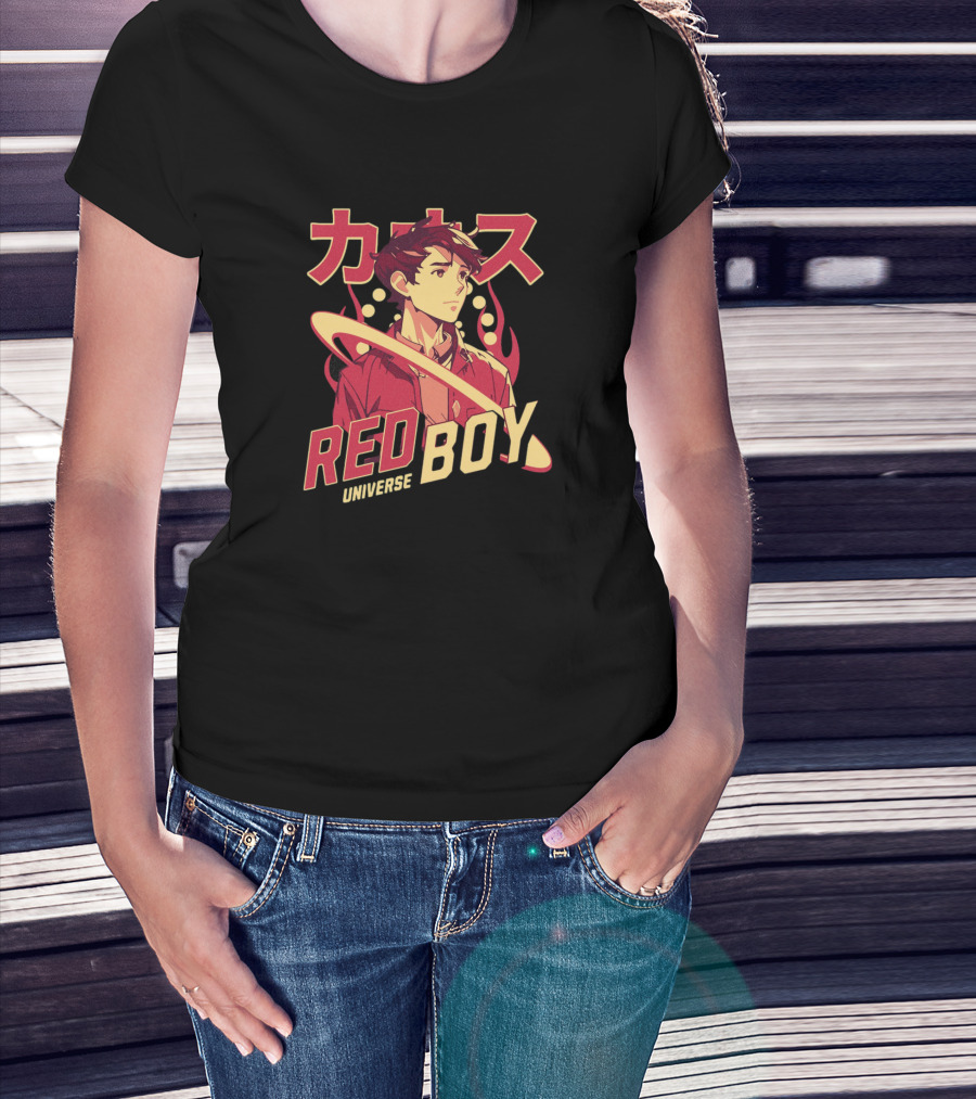 Red Boy Universe Anime Style Japanese Text Planet Ring T-Shirt