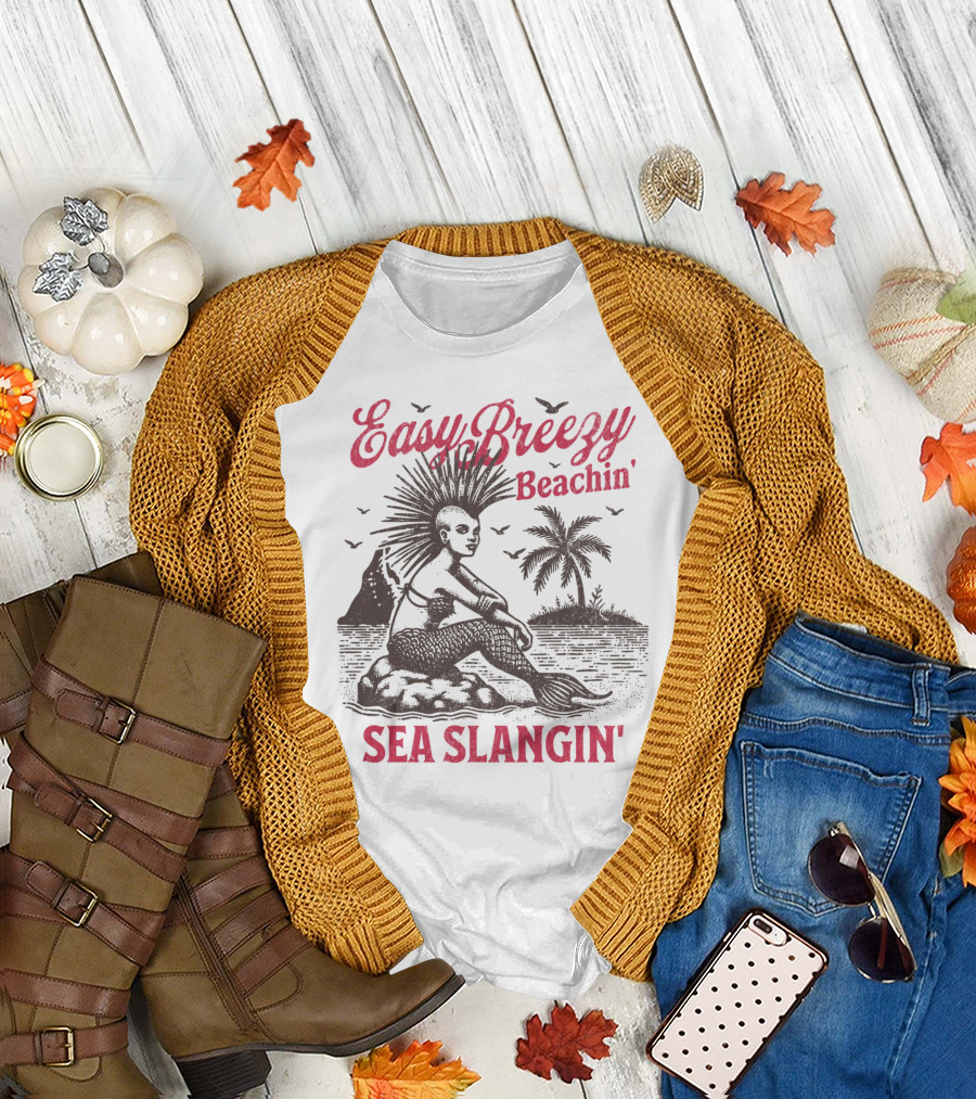 Easy Breezy Beachin' Sea Slangin' Mermaid Island Scene T-Shirt