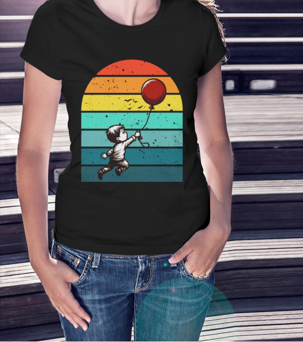 Boy Holding Red Balloon Retro Vintage Rainbow Stripes T-Shirt