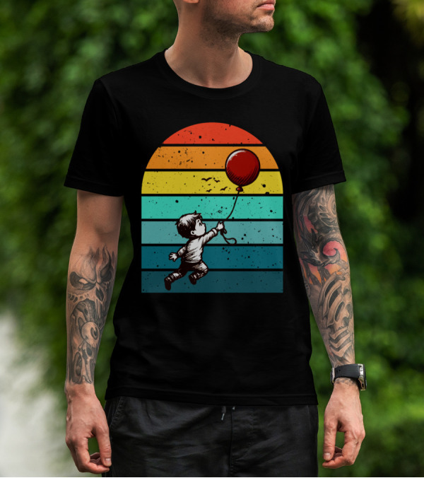 Boy Holding Red Balloon Retro Vintage Rainbow Stripes T-Shirt