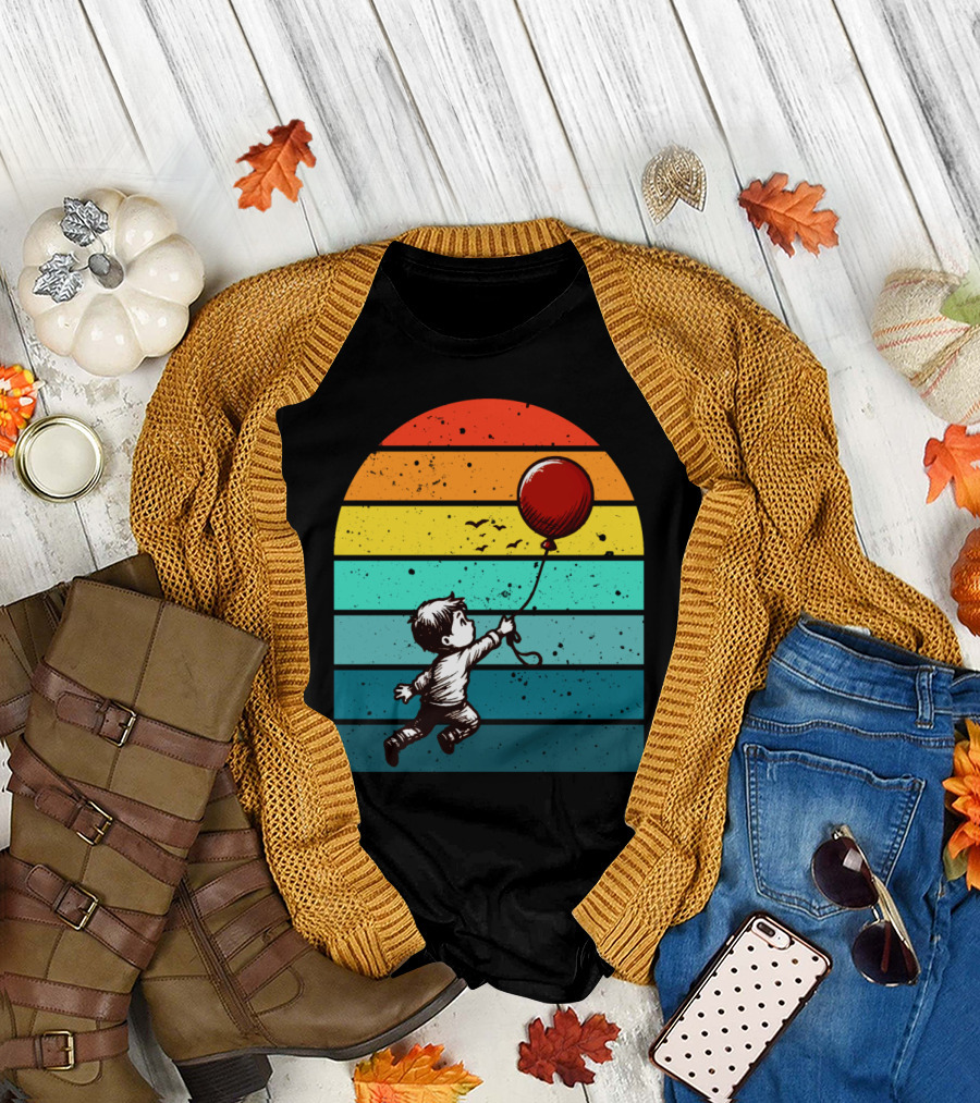 Boy Holding Red Balloon Retro Vintage Rainbow Stripes T-Shirt