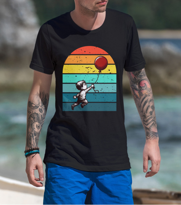 Boy Holding Red Balloon Retro Vintage Rainbow Stripes T-Shirt